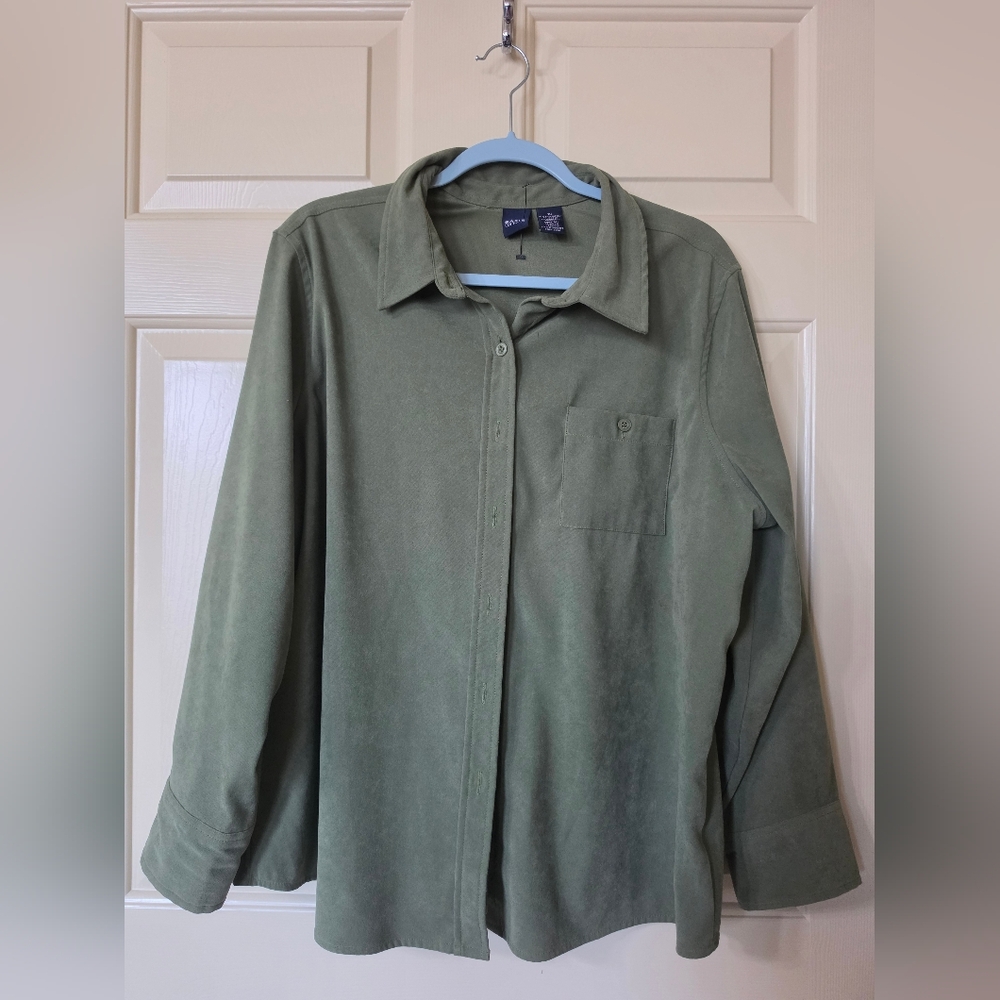 Basic Editions Soft Mossy Olive Green Button-Down Shirt Jacket Size 1X
